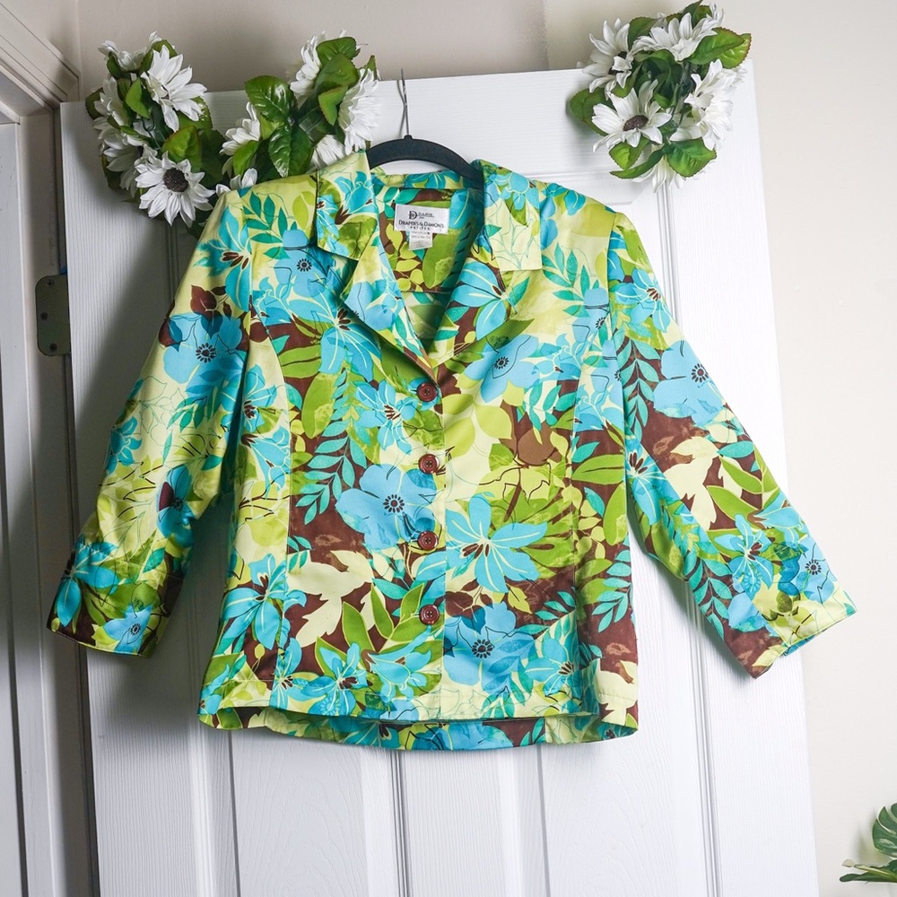 Vintage Satin Floral Blazer Jacket Shoulder Pads Green Blue Brown 8P Tropical